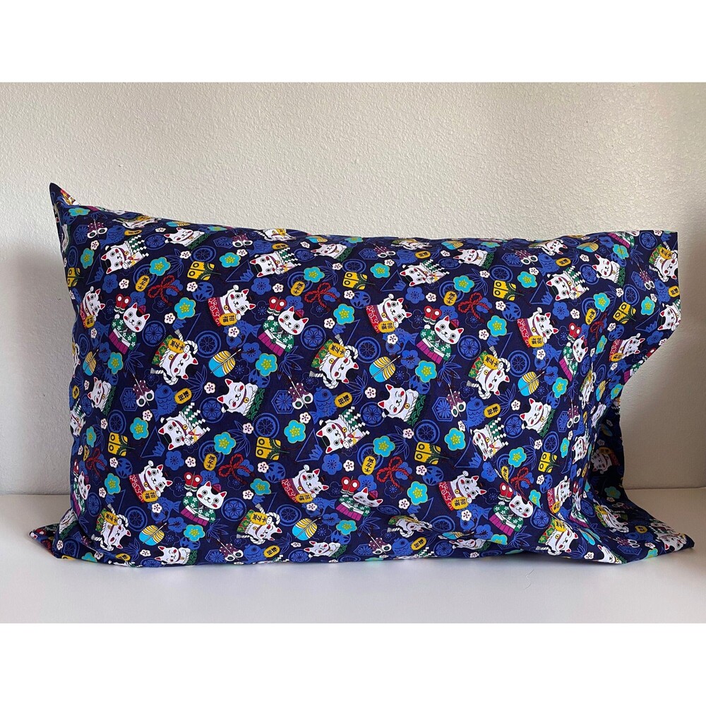 Navy Maneki-Neko Pattern Pillowcase | Handmade | 100% Cotton